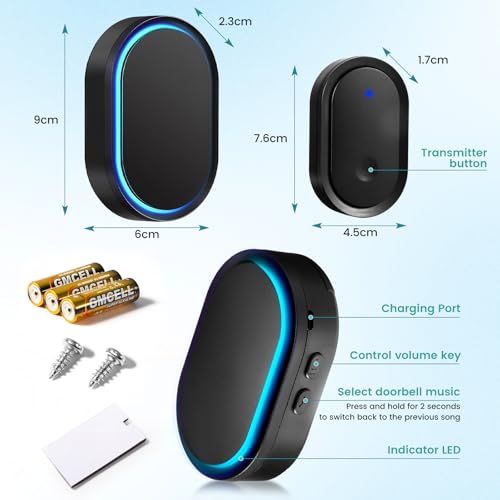 Blendura Funkklingel Funk Set, 300m Funkreichweite IP55 Wasserdicht Elektronischer Türklingel Haustürklingel mit Plug-In-Empfängern, 60 Melodien, 5 Lautstärkestufen, Schwarz, plastic