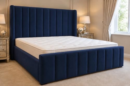 Image of Killing Hall Plush Velvet Wing Bed Frame - Optional Gas Lift Storage and Mattress - UK Made (Navy Blue Plush, Double 4ft6 Bed Frame)