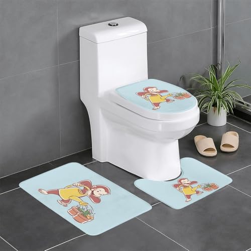 おさるのジョージ かわいい アニメ 3点セット バスマット トイレマット 便座カバー フタカバー 滑り止め 吸水 人気 漫画 足ふきマット 暖房 ふんわり 洗える 抗菌 防臭