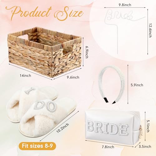 Kacctyen 16 Pcs Bride Gift Basket Ideas Bridal Shower Gifts Boxes Include Wicker Basket Bride Makeup Bag Slippers Pearl Headband Jewelry Box Hair Bow Veil and More for Bridal Stuff Engagement Gifts3