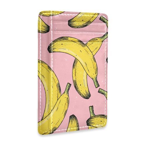 Slim Minimalist Wallet Yellow Banana on Pink Background Front Pocket Wallet PU Leather Rfid Blocking Wallets for Men and Women