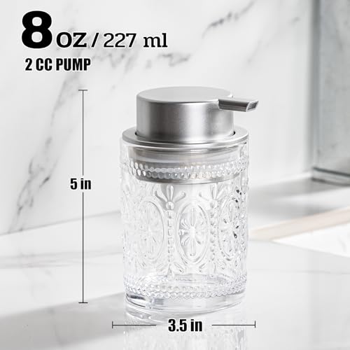 Image of Glass Foaming Soap Dispenser Set - 2 Pack Foam Hand Soap Dispenser for Bathroom, Clear Hand Wash Dispenser Bottle with Matte Silver Pump for Kitchen, 8 Oz Refillable Dish Liquid Foam Dispenser 2 Pcs
