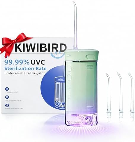 KIWIBIRD Mini Water Flosser for Travel, Ultra-Portable Cordless Oral Irrigator with UVC Light, IPX8 Waterproof 3 Modes, 230mL Teeth Cleaner for Tonsil Stones & Braces Care - Home & Travel (Green)