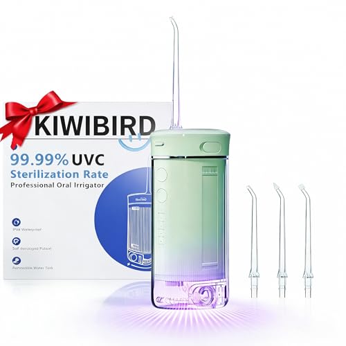 KIWIBIRD Mini Water Flosser for Travel, Ultra-Portable Cordless Oral Irrigator with UVC Light, IPX8 Waterproof 3 Modes, 230mL Teeth Cleaner for Tonsil Stones & Braces Care - Home & Travel (Green)