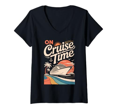 Womens On Cruise Time Bold Ship Sunset Retro Ocean V-Neck T-Shirt