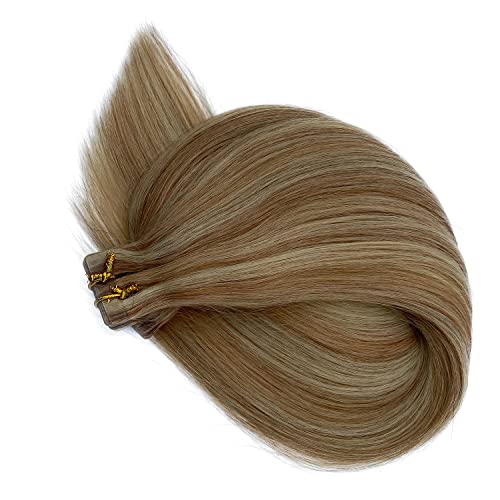 Tape In Golden Brown Hair With Blonde Highlights Human Remy Hair Extensions Silky Straight Seamless Skin Weft Remy Real Hair 18" 20Pcs/40Grams Invisble Tape On Glue In Extensions (18 Inches, 12-613) #TOP7