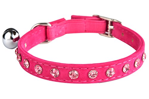 Pink Velvet Safety Elastic Belt Rhinestones Crystal Jeweled Cat Collars with Bell 8-10.5 Inches