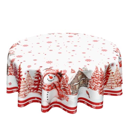 Ancordivo Christmas Round Tablecloth 70 Inch Xmas Red Snowman Pine Tree Snowflake Circle Table Cloth Winter Holiday Table Cover for Home Kitchen Dining Decor