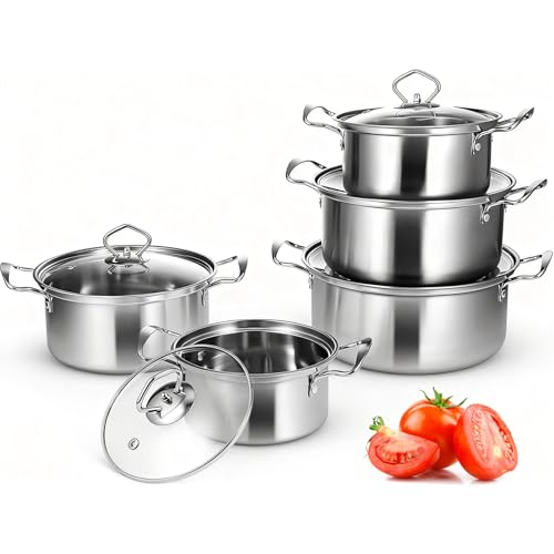 Topfset Induktion 10-Teilig, Topfset aus Edelstahl mit Glasdeckel und Stielkasserolle, Induktions Tö