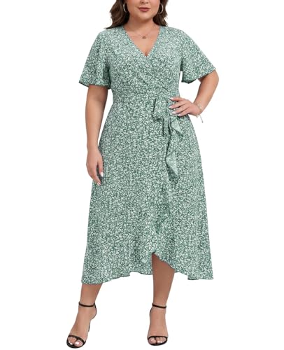 Image of Kyzoeyou Women's Plus Size Summer Dresses Casual Floral Ruffle Sleeve Midi Dress Floral V Neck A-Line Sundress with Tie Waist(Green 4X-Large)
