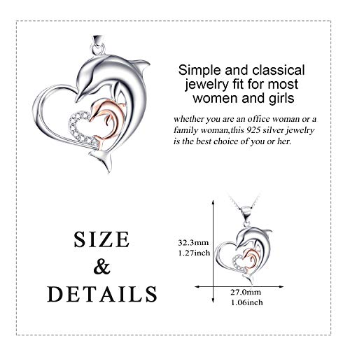 Dolphins Jewelry 925 Sterling Silver Two-Tone Eternal Love Double Heart Dolphin Pendant Necklace for Women (Rose Gold Dolphin Necklace 18'')3