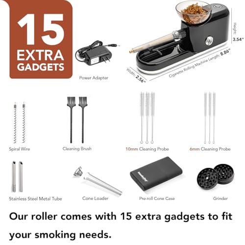 Cigarette Rolling Machine, Electric Pre Roll Machine, Automatic Preroll Cone Loader Filler Roller Packer with Pre Rolled Holder Case, Grinder, Filling Maker