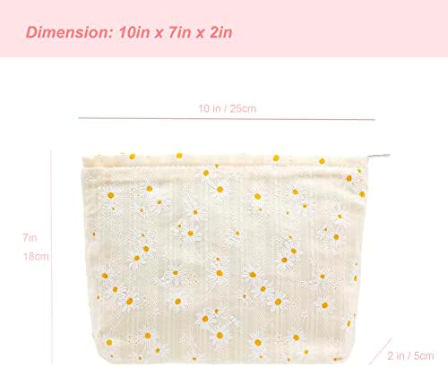 Makeup Bag Large Zipper Make Up Pouch for Purse Travel Canvas Cosmetic Organizer for Women Brush Storage,Cotton Daisy Beige - 2