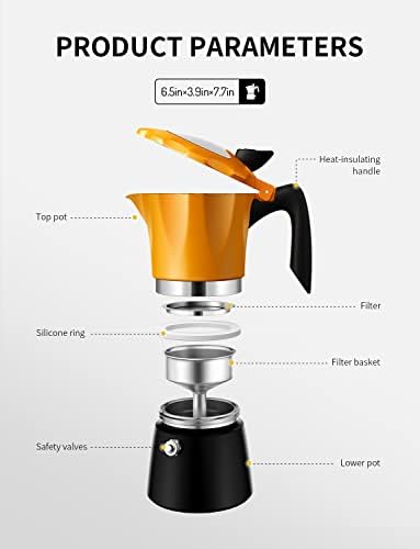 TWOMEOW Stovetop Coffee Maker Espresso Italian Moka Pot with Transparent Top Lid, 300ml-6 Espresso Cups, Classic Aluminium Coffee Percolator, Orange/Black