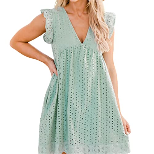 AELSON Women's Sexy Summer V Neck Dress with Short Loose Ruffle Sleeve California Romper Dress Medium Green