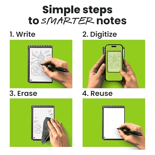 Rocketbook Mini bloc de notas inteligente reutilizable, cuaderno de tamaño de bolsillo de 3.5 x 5.5 pulgadas, color negro, páginas punteadas, conectado a la aplicación, borrable, ideal para tomar - imagen 2