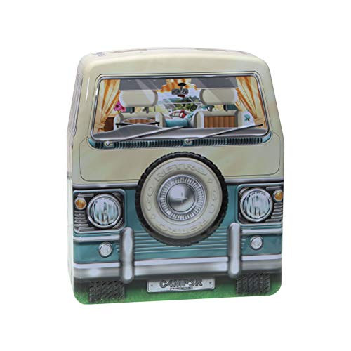 POWERHAUS24 Urlaubs-Camper in Retro-Stil, Blechdose, Flache Keksdose, Aufbewahrung, ca. 20 cm x 17,5 cm x 6,5 cm, Backrezept