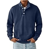 Thatrich Mokaloha Mens Shirts Washed Sweatshirt Quarter Button up Vintage Pullover Long Sleeve Casual Tops Golf Polo Shirts Navy