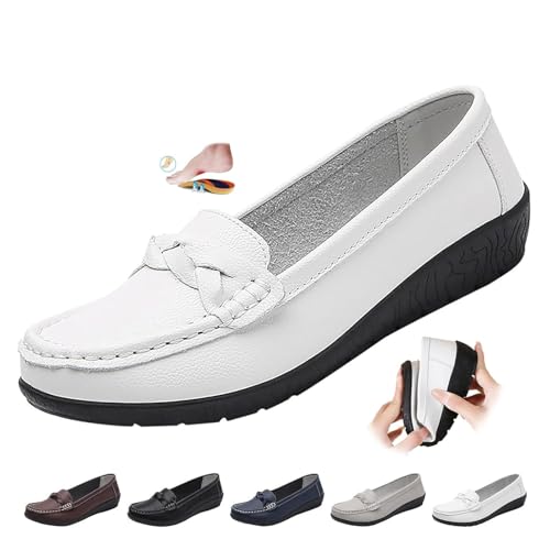 Image of Women's Orthopedic Loafers in Breathable Leather, Leather Loafers Classic Moccasins Casual Slip-on Loafers Driving Shoes (White,7)