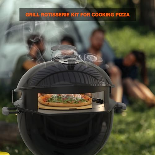 onlyfire PizzaRing Rotisserie Set für Weber 57 cm Kettle Holzkohlegrill, Grillspieß Set Drehspieß mit Motor, 38cm Pizzastein, Holzkohle-Ring, Pizzaeinsatz