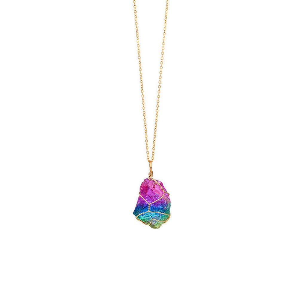 necklaces for women Rainbow Stone Pendant Plated Natural Gold Quartz Crystal Rock Necklace mothers day gifts for mom