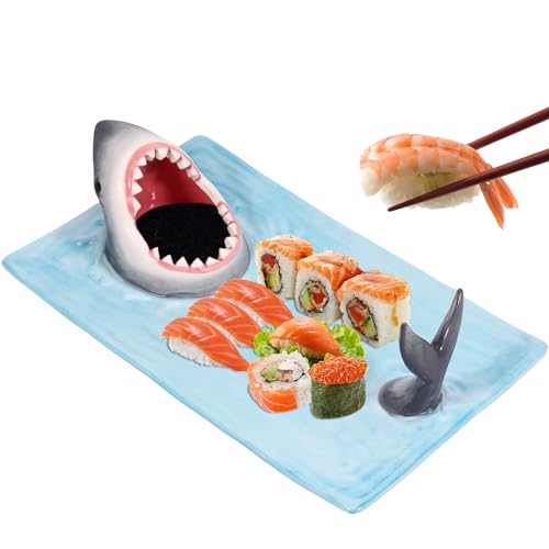 Sushi Serving Plate Ceramic Sushi Plate Shark Shape Porcelain Sushi Platter 12.9× 7.8 Inches Japanese Style Porcelain Food Platter Artistic Food Serving Trays with Soy Sauce Holder