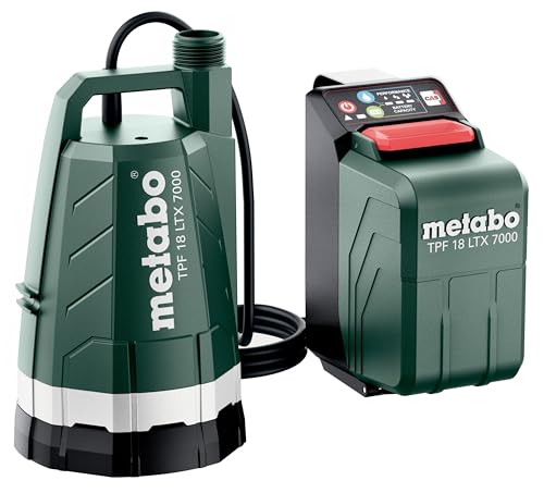 metabo Akku-Tauchpumpe TPF 18 LTX 7000-18V, CAS, max. Fördermenge 7000 l/h, Förderhöhe 9 m, Eintauchtiefe 6 m, max. Druck 0.9 bar - kompakt & leistungsstark für Entwässerung & Garten - Inkl. Zubehör