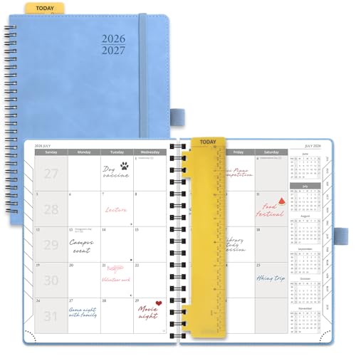POPRUN 2026-2027 Monthly Planner, 6.5" x 8.5", 18 Month Calendar (July 2026 to December 2027) with Expense Tracker, Notes Pages, Sprial Bound, Leather Softcover - Cerulean Blue