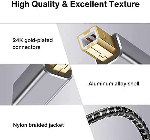 ShinKey Printer Cable 6M USB 2.0 Braided Aluminium Shell Type A Male to B Male USB B Scanner Printer Cord 24K Gold Plated Compatible with Epson HP DeskJet/Envy Lexmark Dell Printers DAC and others