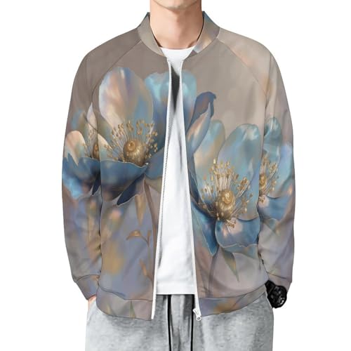 Veste aviateur homme légère beige avec motif anémone 3D et fermeture zippée