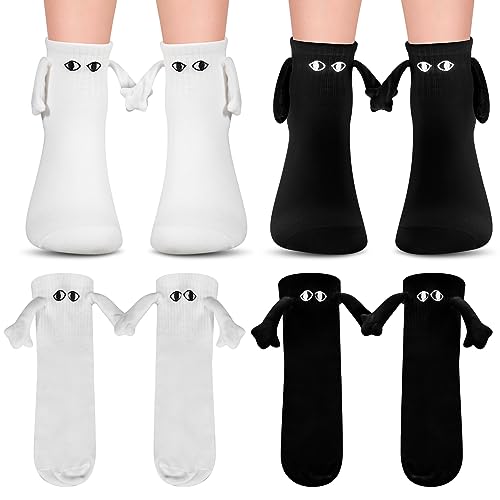 Firtink 2 Pairs Magnetic Couple Socks: Show Off 3D Hand Holding Novelty Cartoon Crew Socks for Men Women & Teens (Large White)