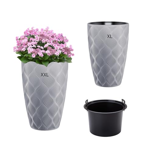 MELTOM Blumenkübel Blumentopf Pflanzkübel mit Herausnehmbaren Einsatz Rund 3D Effekt Dekorativ SET2: XXL+XL Grau