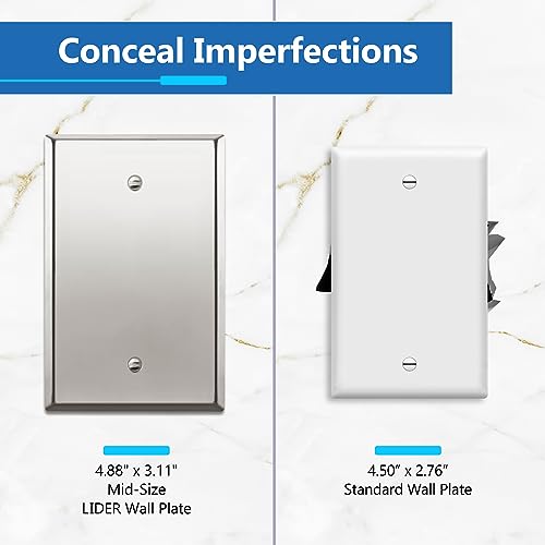 Image of LIDER Blank Metal Wall Plate, Stainless Steel Blank Outlet Cover, Corrosion Resistant, Mid-Size 1-Gang 4.88 inch x 3.11 inch, 201 Stainless Steel, LMWP-01M-PC, Polished Chrome