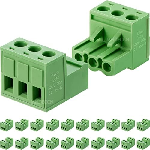 JANDECCN 20Pcs 3 Pin 5.08mm Pitch DIY PCB Mount Screw Terminal Block Connector with 20Pcs 3 Pin Phoenix Plug