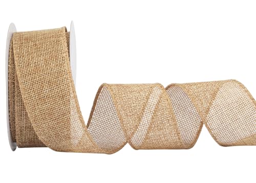 Zofrud Old Gold Burlap Ribbon - 1.5 Inch x 10 Yards | Faux Jute Wired Ribbon for Wreaths, Christmas Decorations, Rustic Weddings, and Large Bow