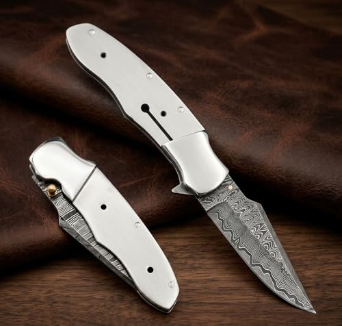 Damascus Steel Knife Blank Blade Pocket Folding Blade, Knife Making Kit, Walnut Scale, Leather sheath, Screws, Fiber Sheets, Edge Sharpner, Mossaic Pin, Kives for Camping, Bushcraft, Hiking, Outdoor (FKK-04) by Hercules Knives - Used condition - Image 2