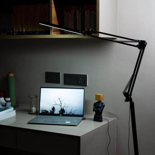 Image of NYRWANA Adjustable LED Floor Lamp for Living Room | Swing Arm Desk Light with Stable Metal Base | 3-Level Color Control LED | Eye-Care Work Lamp for Home, Office, Craft & Study (Black)
