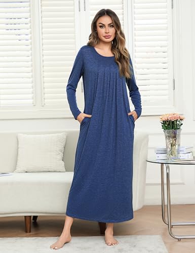 Leversic Długa koszula nocna dla kobiet okrągły dekolt plisowana bawełniana koszula nocna długi rękaw długość do kostki długa koszula nocna miękka sukienka do spania, Ciemnoniebieski, S
