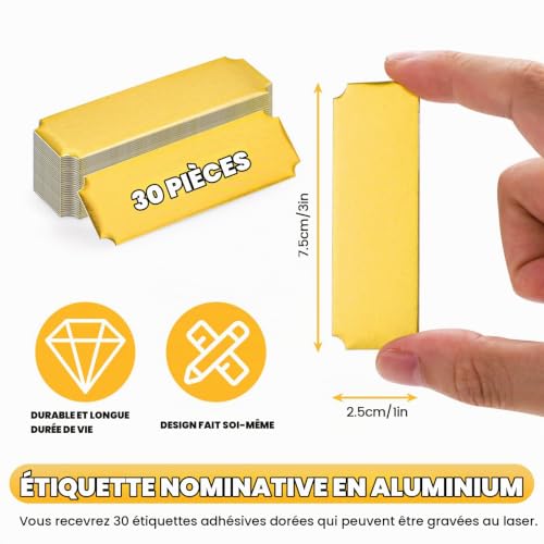 Modixun Lot de 30 plaques nominatives avec dos adhésif, vierges gravées au laser, plaque de trophée personnalisée, plaque de trophée gravée personnalisée (Or) – vue 2