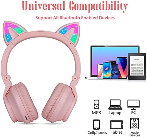 JYPS Kids Headphones Wireless Light Up Cat Ear Bluetooth Headphones Over Ear Childrens Foldable Headphones w/Microphone for Amazon Fire Tablet/Laptop/iPad (Pink)
