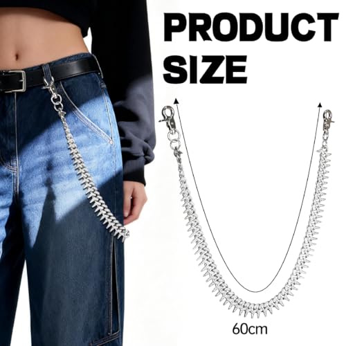 DIKJAK Spiked Rhinestone Chain for Jeans & Necklace - Edgy Streetwear Side Pants Chain Accessory with Studs, Unisex Gothic Punk Waist Chain Gift Silver