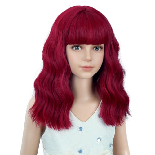 Image of PATTNIUM Red Wig for Girls Kids Short Curly Wavy Wigs with Bangs Shoulder Length Wavy Heat Resistant Synthetic Wig