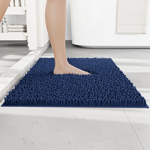 Image of RUN HELIX Non Slip Chenille Bath Mat, Versatile Soft Bathroom Mat & Shower Mat, Machine Washable Absorbent Bath Mats for Bathroom, Living Room, Kitchen, Bedroom & Indoor Scenes, 40x60cm, Dark Blue