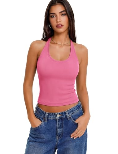 Tank Tops with Built in Bras Ribbed Lace Womens Summer Outfits Pink L - image 2