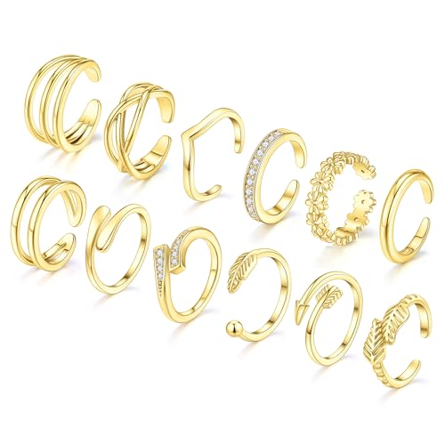 WAINIS 12pcs Toe Rings for Women Non Tarnish Toe Ring Set Simple Cute Open Adjustable Band Toe Ring Hawaiian Beach Summer Foot