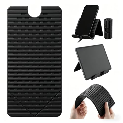 ZURCAS Flexible Silicone Aluminum Phone Holder Tablet Stand with Charging Port Design, Foldable Airplane Laptop/Phone Stand for Home Office Travel (Black)