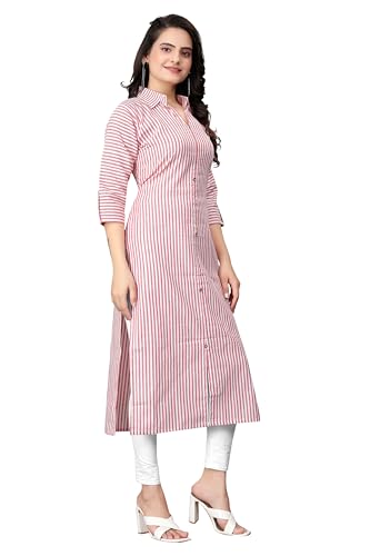 Image of Women Striped Cotton Straight Kurta (Pink)