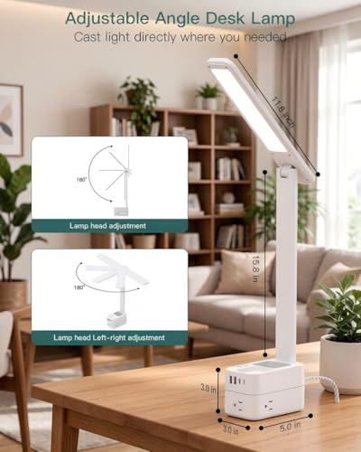 Image of Addtam Desk Lamp with Pen Holder, LED Desk Lamps for Home Office, Power Strip with 3 Outlets 4 USB Charging Ports(2 USBC), 3 Color Modes Touch Lamp, Study Lamps for College Dorm Room Essentials, White