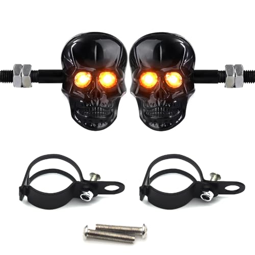 kucehiup Skull Head LED Amber Turn Signal Motorcycle Turn Signals 10mm Screw Blinkers Indicator Light Universal(Black)