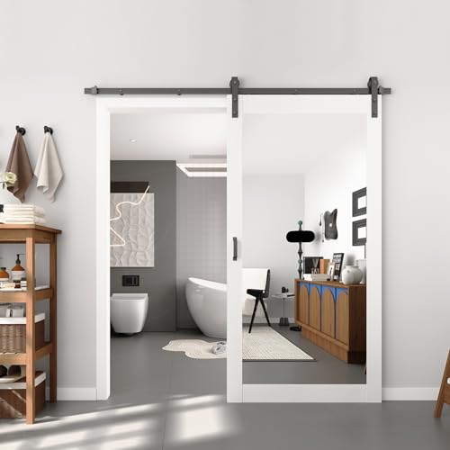 BARNSMITH 42in x 84in Mirror Barn Door with 7FT Sliding Door Hardware Kit Included, 1 Lites Full Length Mirror Door, Solid Wood Water-Proof PVC Surface,No Assembly Required,White by BARNSMITH - Used condition - US$392.25